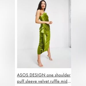 One puff sleeve velvet mid length chartreuse dress by ASOS